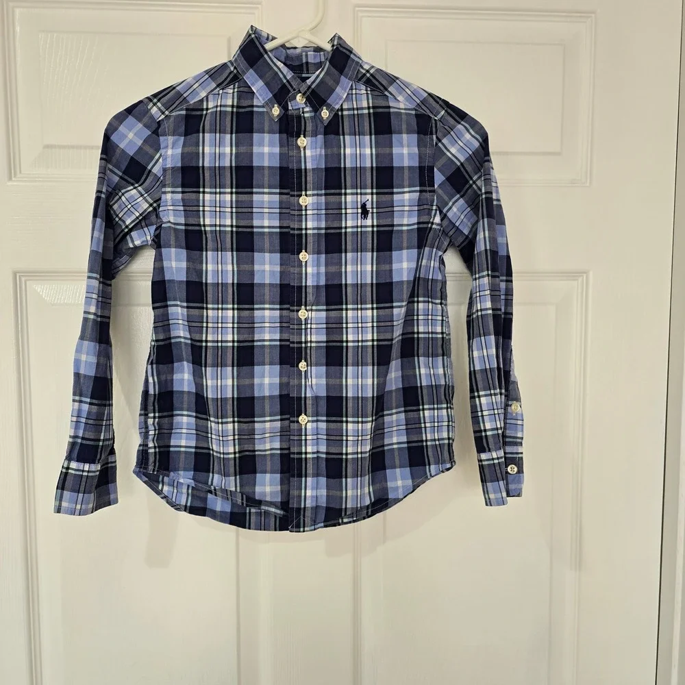 Ralph Lauren Plaid Button Down Shirt Boys Long Sleeve Blue Size 8 S/P